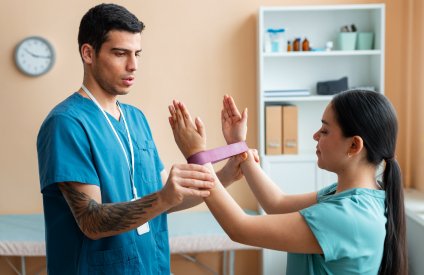 Physiotherapist assessing a patient's arm and tricep.